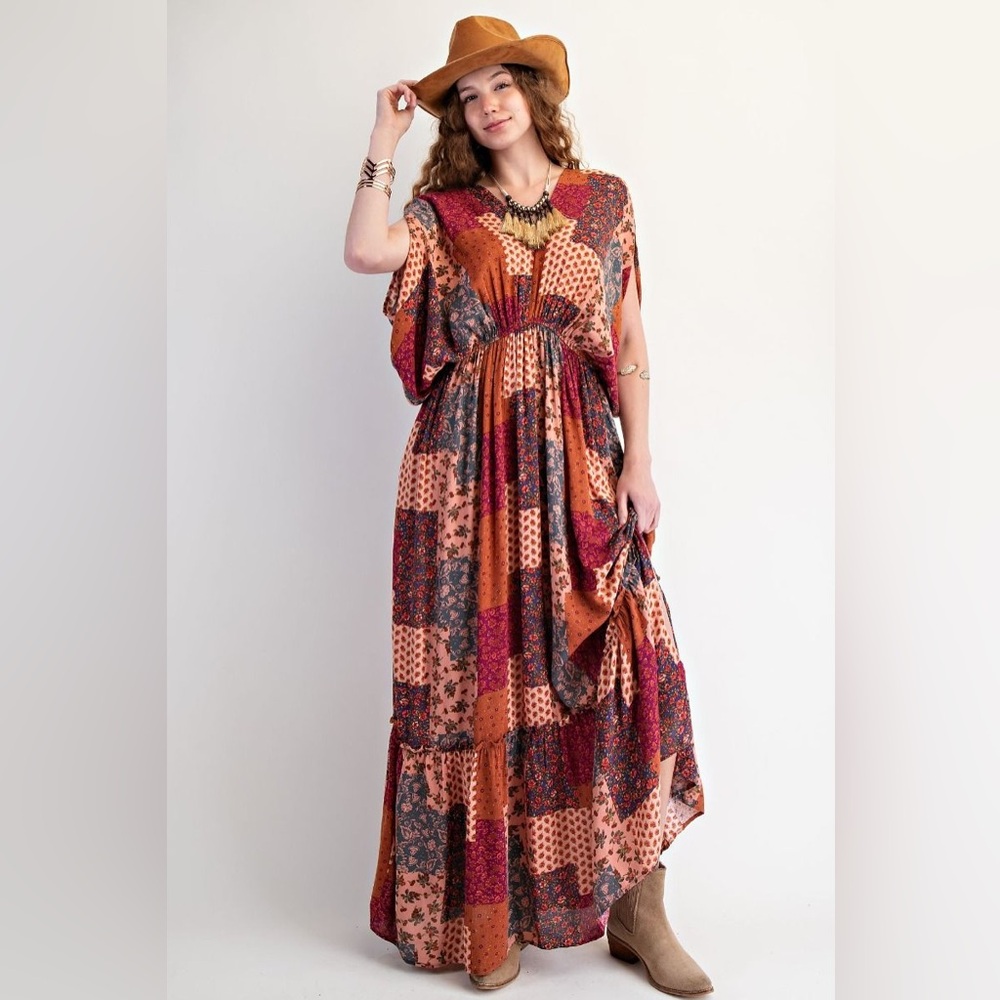 easel Patchwork Floral Maxi Dress in Rust, Burgundy, Navy